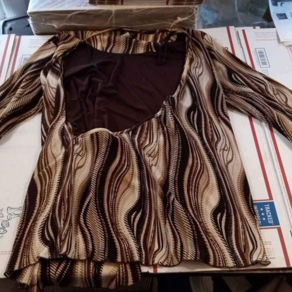 Women's goddess long sleeve brown and tan blouse
